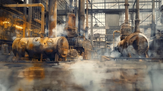 A painting of a factory with a lot of steam and smoke