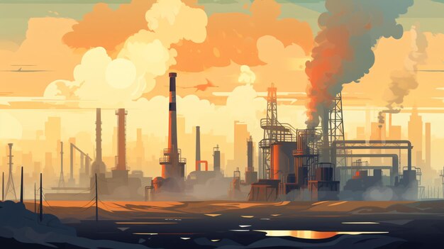 a painting of a factory with smoke coming out of it