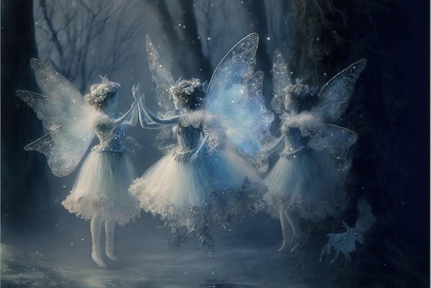 A painting of fairies in the snow