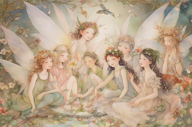 A painting of fairies with a butterfly on the top.