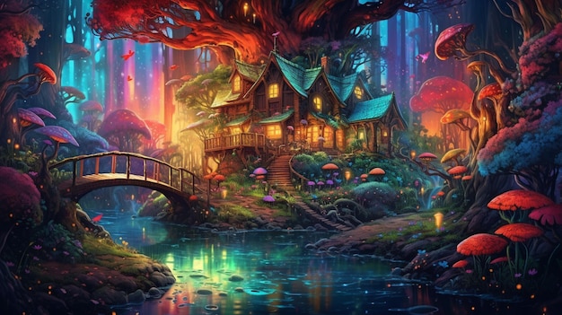 A painting of a fairy house in a forest with a bridge generative ai