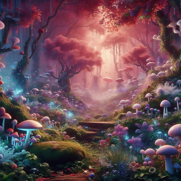 Photo a painting of a fairy house and mushrooms in a forest