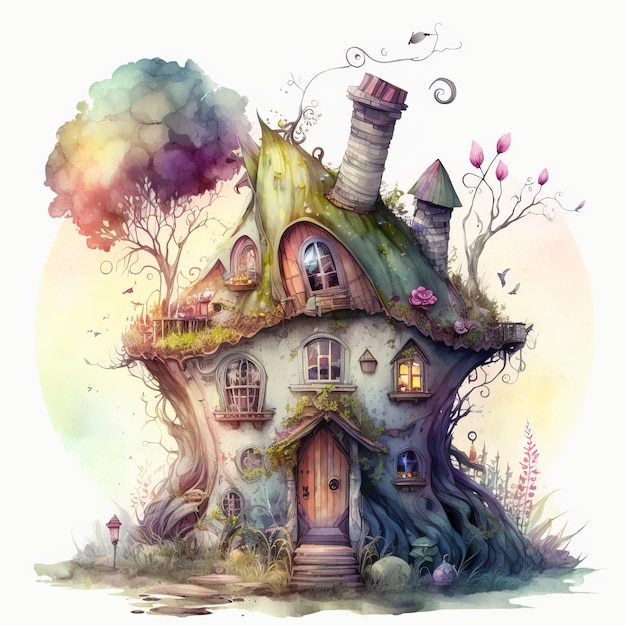 A painting of a fairy house with a chimney on the roof.