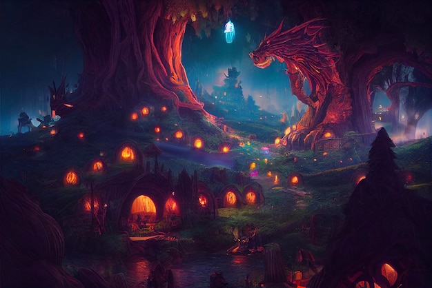 Painting of a fairy village at night generative ai