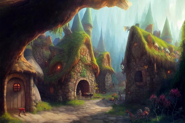 Painting of a fairy village in the woods generative ai