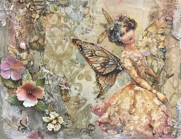 a painting of a fairy with wings and butterflies