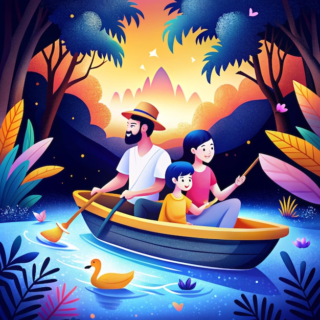 Photo a painting of a family in a boat with a boy and a duck