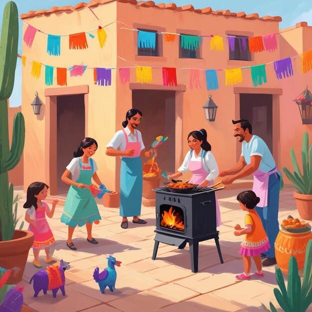 Photo a painting of a family cooking in a house with a cactus and a fire