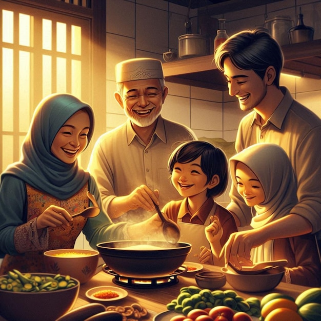 a painting of a family cooking in a kitchen with a pan of food