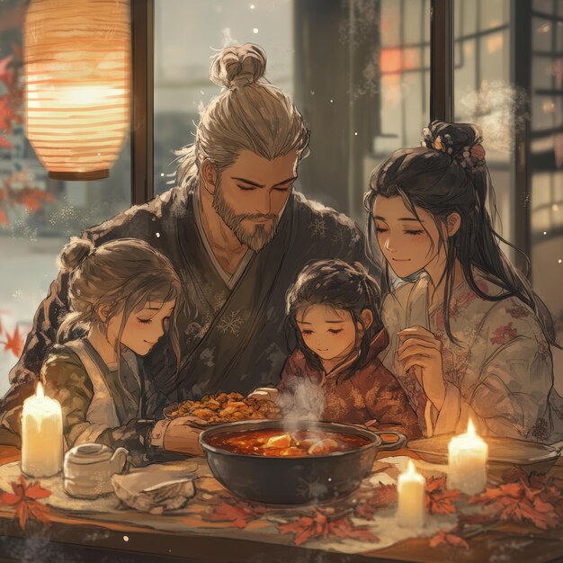 a painting of a family cooking with a man and two children