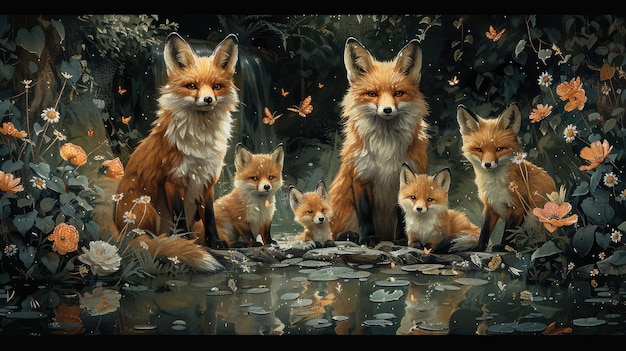 a painting family of fox in a lush green forest watercolor style vibrant colors soft and whimsical peaceful and serene mama and baby animals with flowers and butterflies