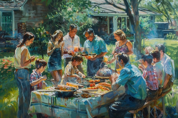 A painting of a family gathering at a picnic table