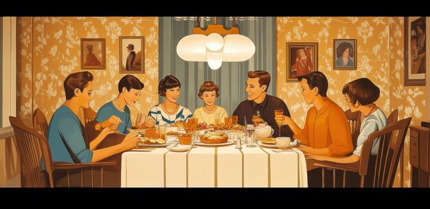 a painting of a family having dinner at a table