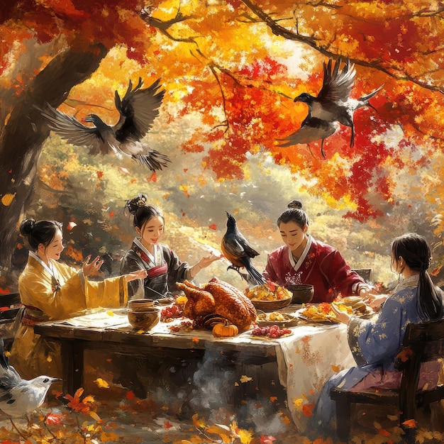 a painting of a family having a meal with birds flying above them