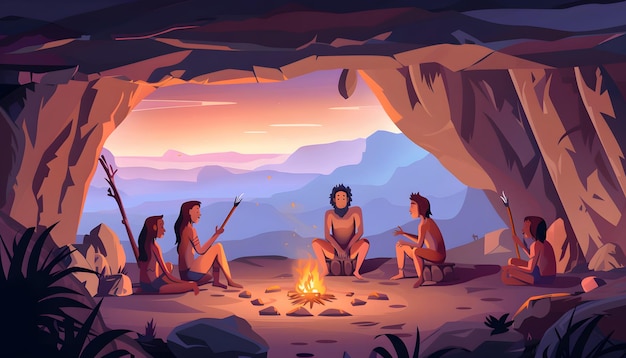 Photo a painting of a family sitting around a campfire