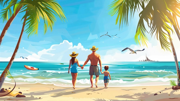 a painting of a family walking on the beach with palm trees