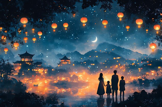 Photo a painting of a family watching a firework display