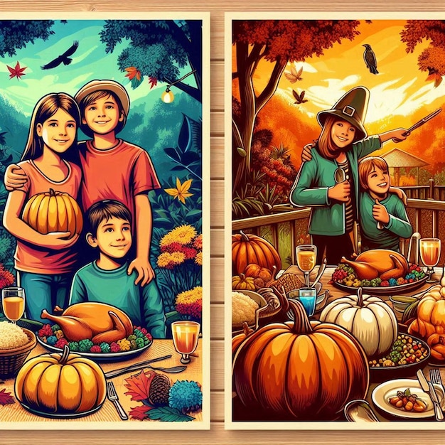 a painting of a family with pumpkins and a man in a blue shirt