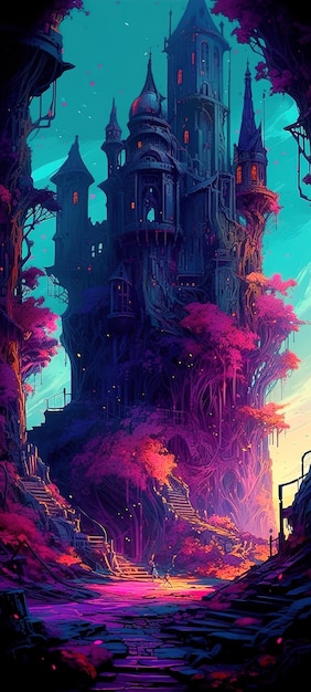 A painting of a fantasy castle in the purple forest