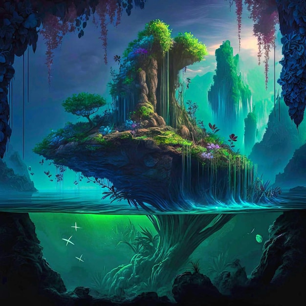 A painting of a fantasy island with a tree on it.