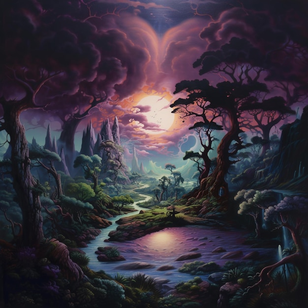 painting of a fantasy landscape with a stream and trees generative ai