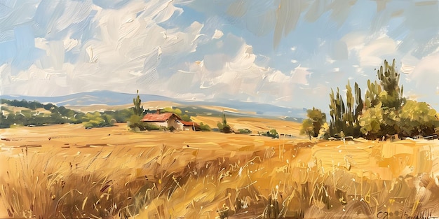 a painting of a farm in the middle of a wheat field