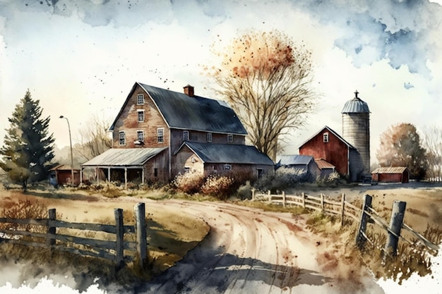 A painting of a farm with a barn in the background