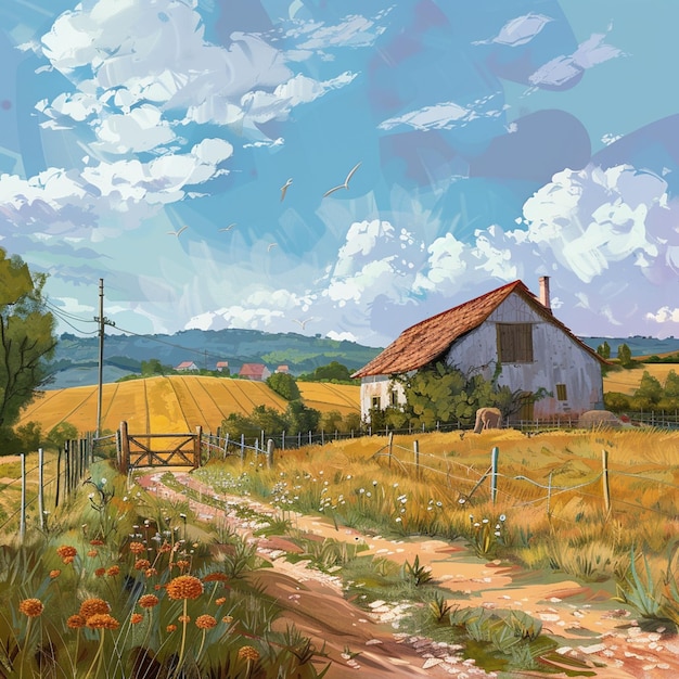 painting of a farm with a barn and a field of flowers generative ai