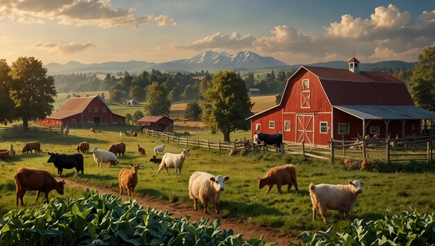 Photo a painting of a farm with cows and a barn in the background