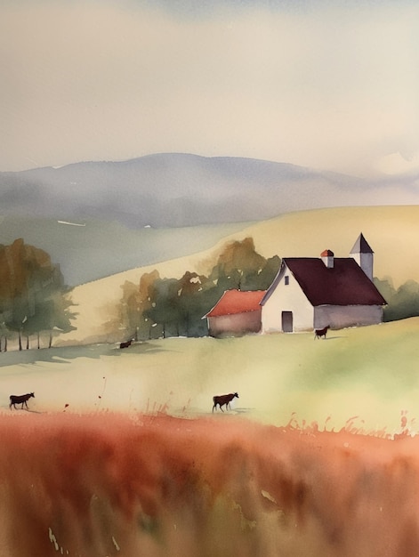 A painting of a farm with cows in the foreground.