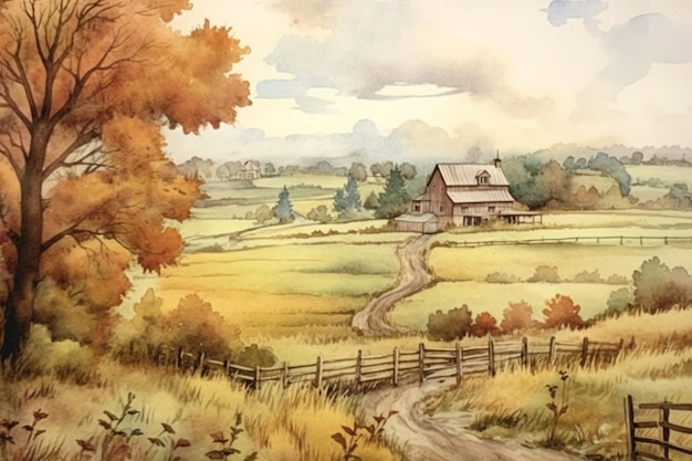 A painting of a farm with a farm in the background.