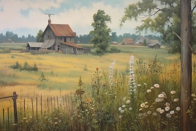 A painting of a farm with a house in the background.