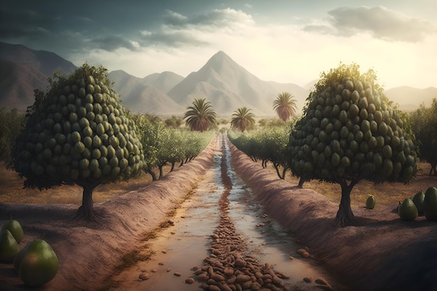 A painting of a farm with a mountain in the background