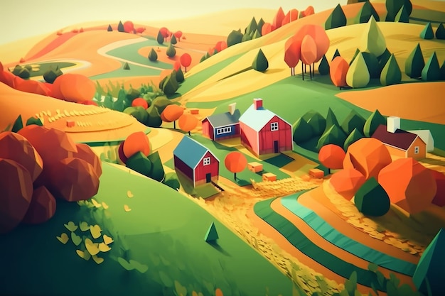 A painting of a farm with a red house on the top.