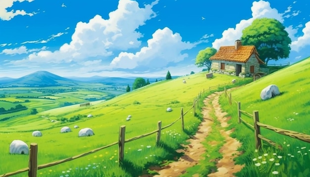 A painting of a farm with sheep grazing on a green hillside generative ai