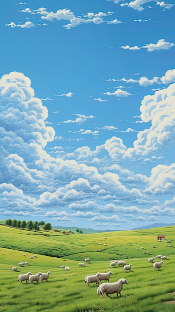 a painting of a farm with a sky background