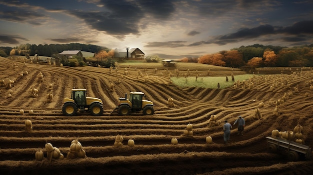 a painting of a farm with a tractor and some hay.