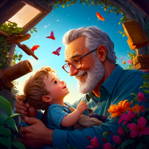 a painting of a father and his daughter with butterflies and a picture of a child