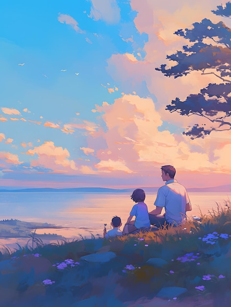 a painting of a father and son looking at the ocean