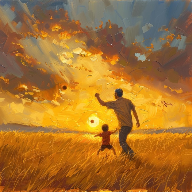 a painting of a father and son playing in a field with the sun behind them