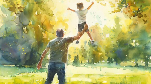 Photo a painting of a father and son playing in the grass