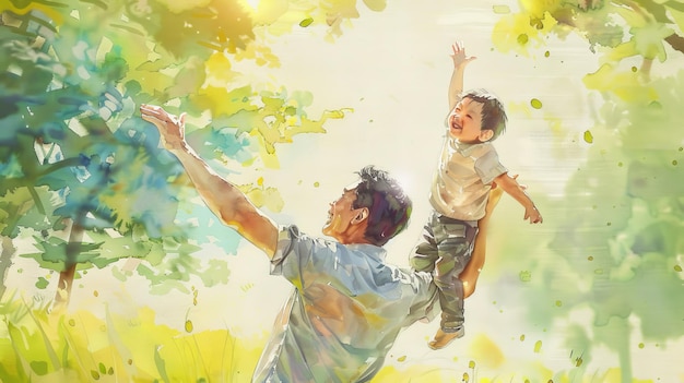 Photo a painting of a father and son playing in the grass