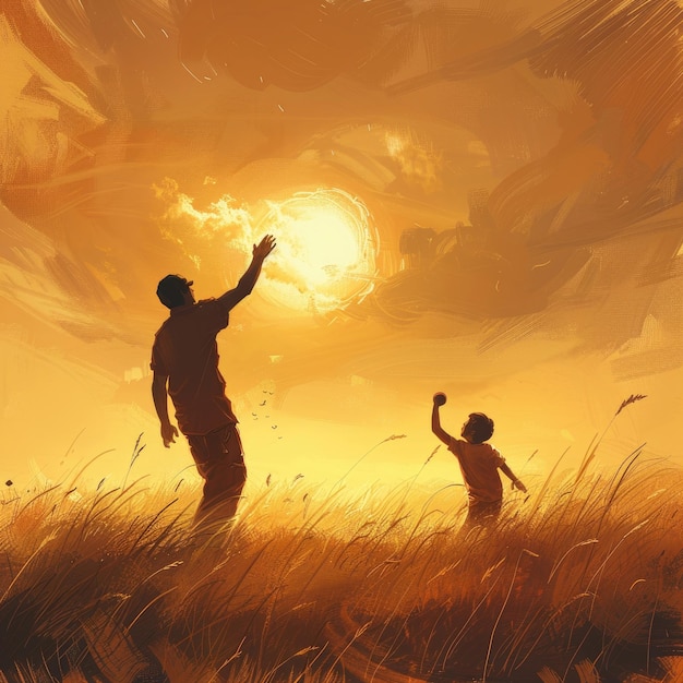 a painting of a father and son playing in the grass