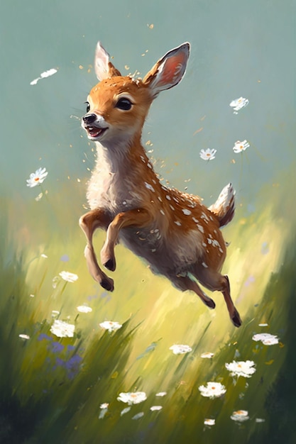 A painting of a fawn jumping over a field of flowers.