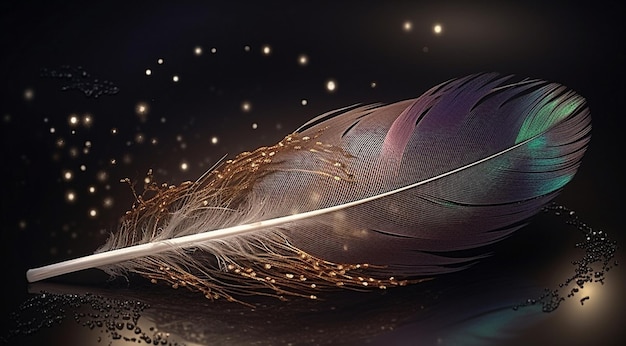 A painting of a feather with gold and purple feathers on a dark background.