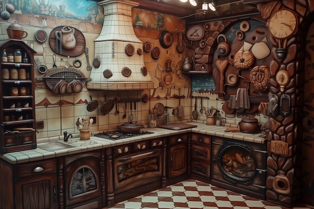 Painting featuring a chocolate kitchen setting with numerous pots and pans hanging on the wall