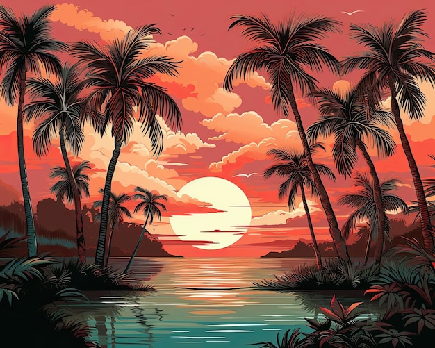 A painting featuring a sunset palm trees water and clouds Generative AI