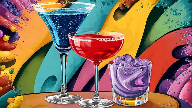 A painting featuring three glasses of drinks on a vibrant and colorful background Perfect for adding a pop of color to any design or project