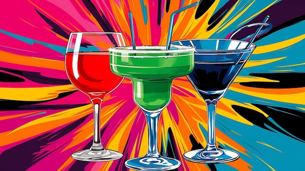 A painting featuring three glasses of drinks on a vibrant and colorful background Perfect for adding a pop of color to any design or project