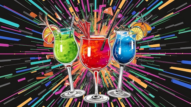 A painting featuring three glasses of drinks on a vibrant and colorful background Perfect for adding a pop of color to any design or project